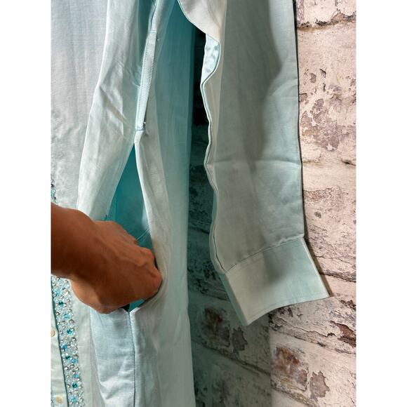 Bella Tu embellished 54" Kara caftan linen blend shirtdress size M $415 NWT - Picture 10 of 16